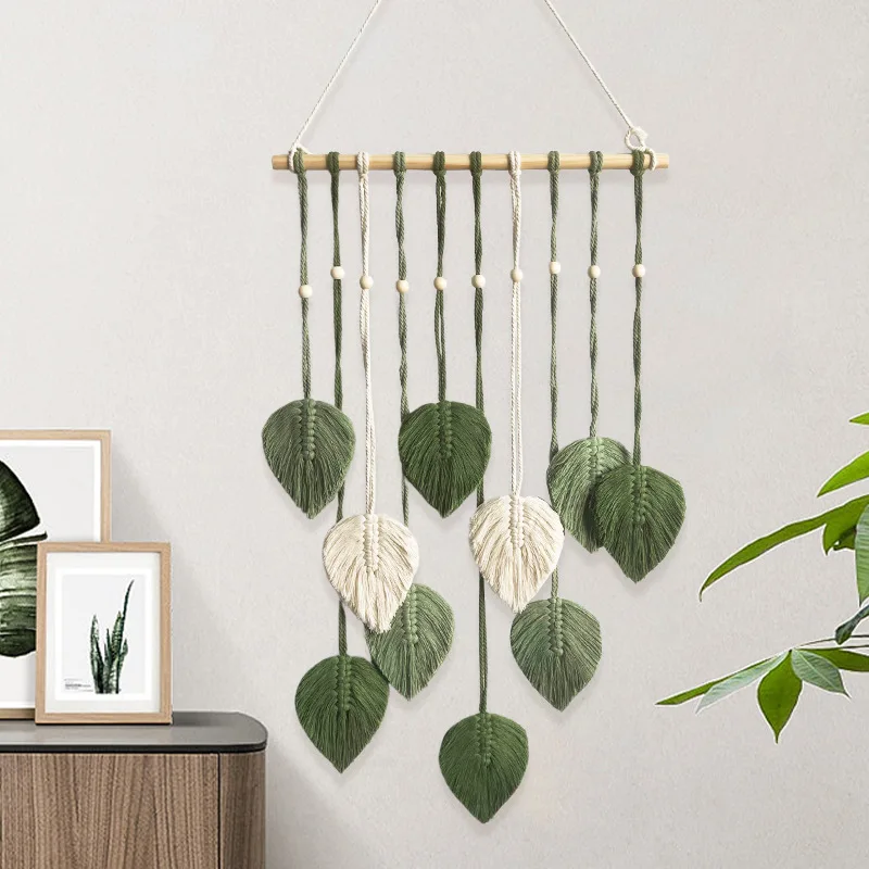 Handmade Leaf Tapestry Weaving with Wooden Beads Decorative Wall Hanging Bedhead Background Wall Hanging Decoration Living Room