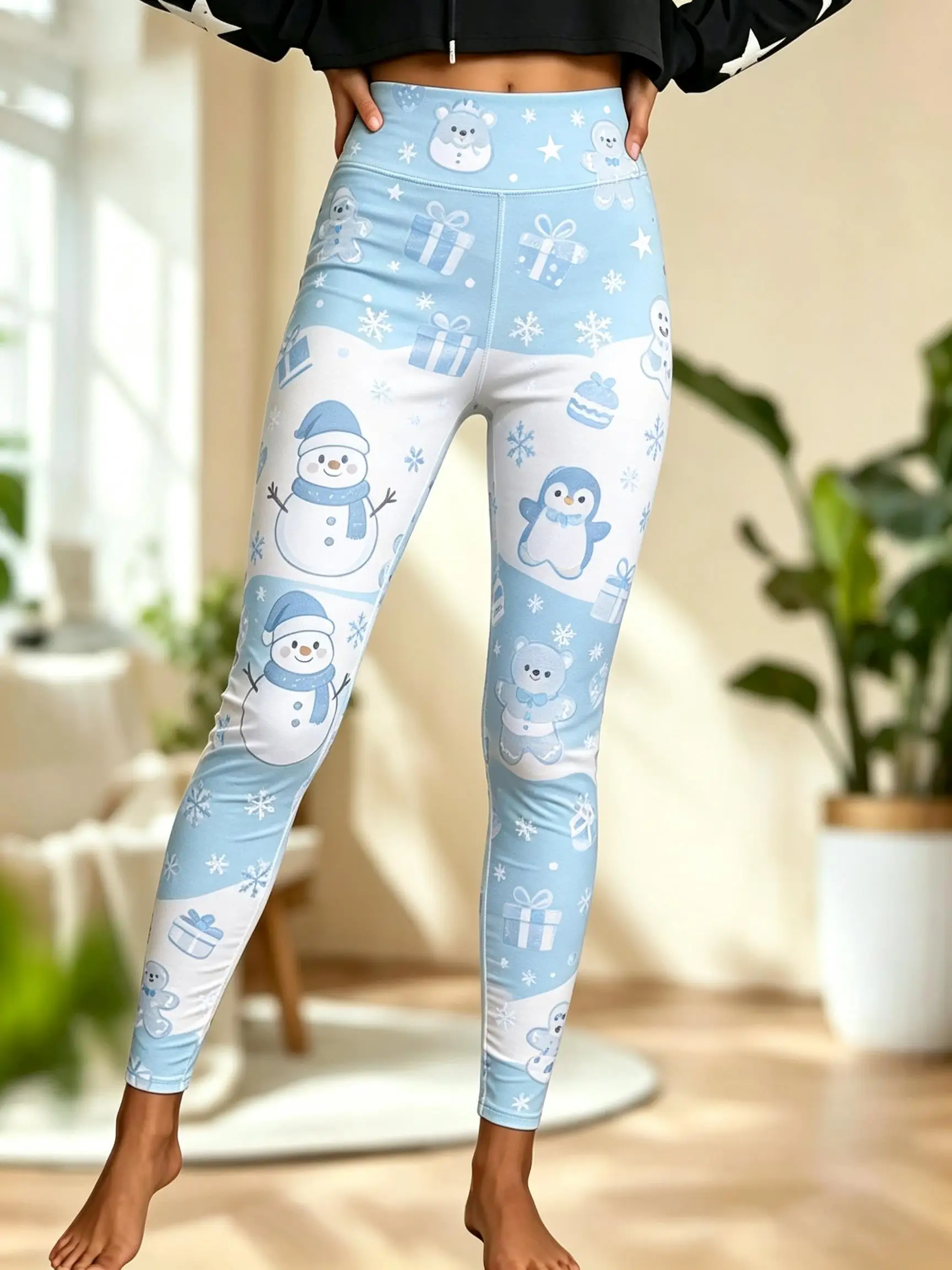 Women Fleece‑Lined Mid‑Rise Leggings Christmas Gingerbread Man Train Gift Box Print Slim Warm Pants