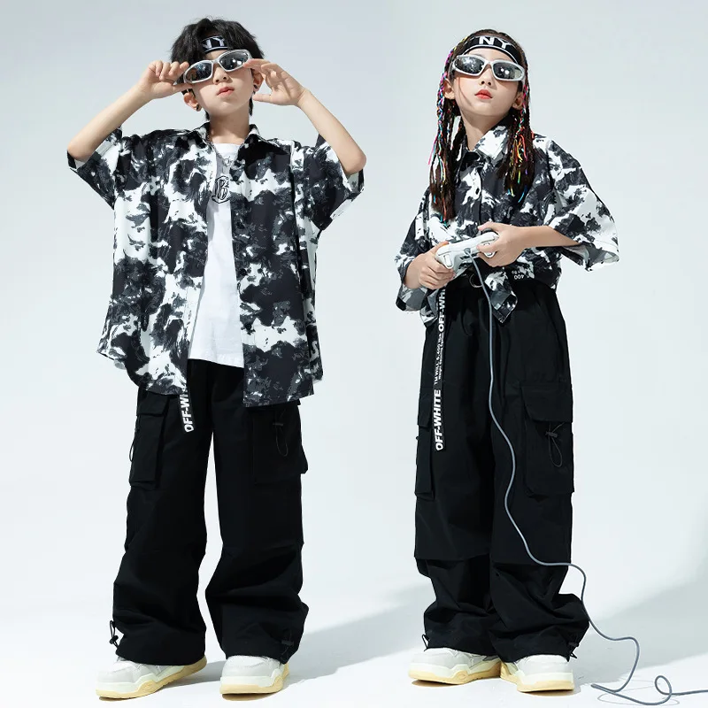 

Kid Hip Hop Clothing Black Print Short Sleeve Shirt Casual Street Pockets Cargo Pants for Girl Boy Jazz Dance Costumes Clothes