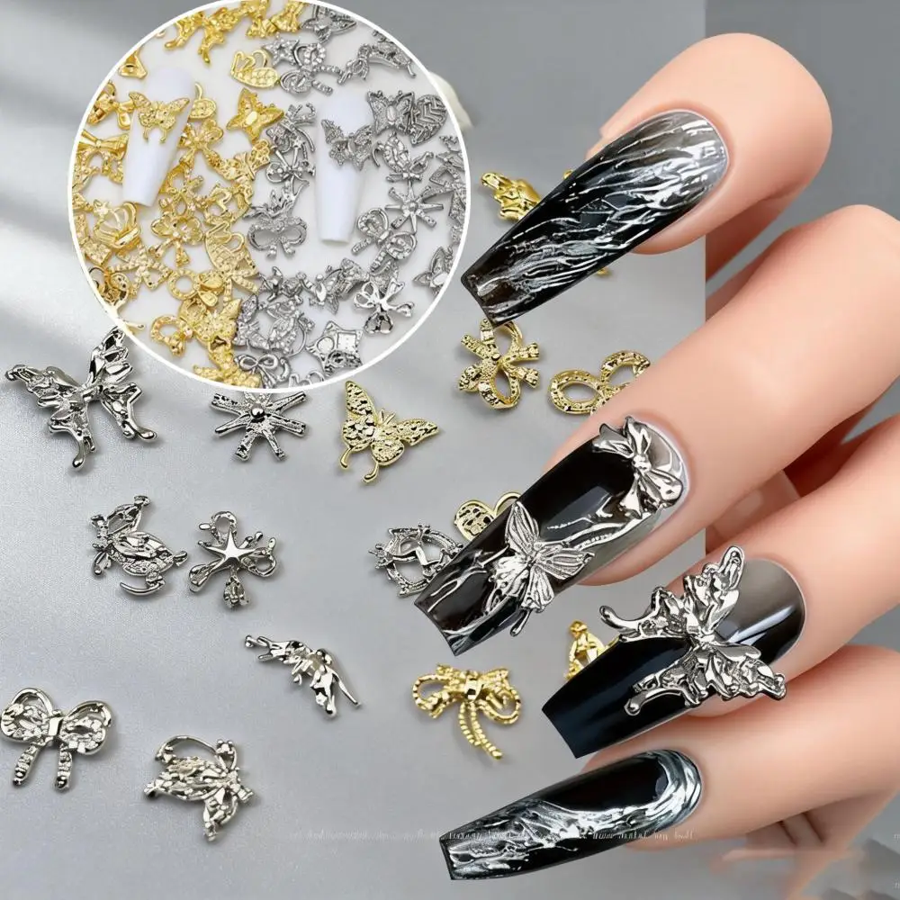50Pcs Random Style Alloy Gold/Silver Nail Art Charms Sparkling Bow Butterfly with Rhinestone Nail Decorations DIY Manicure Parts