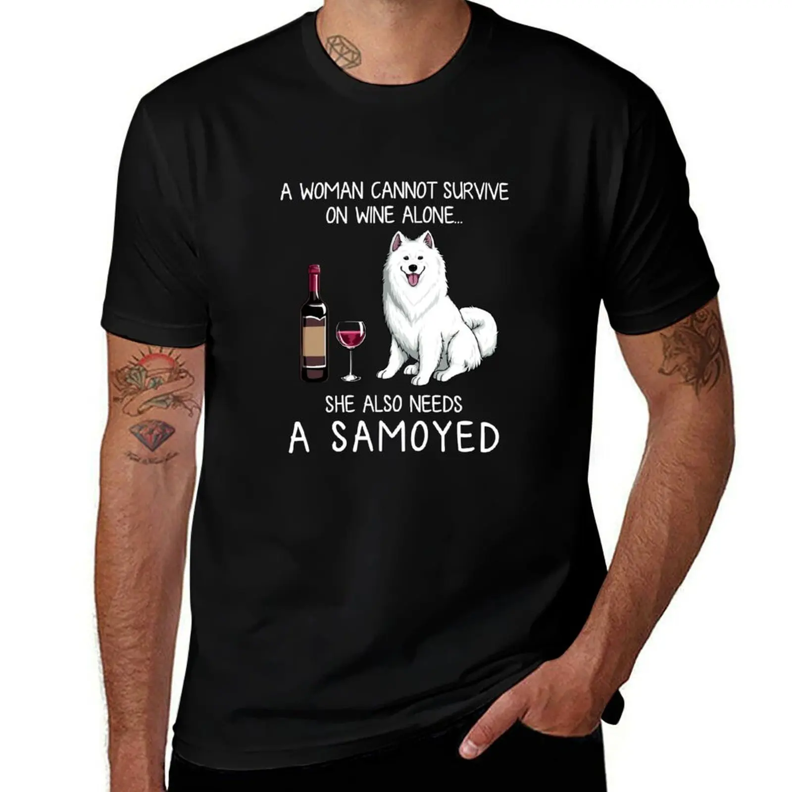 Samoyed and wine Funny dog T-Shirt Trendy Casual Short Sleeve Shirt T-Shirt