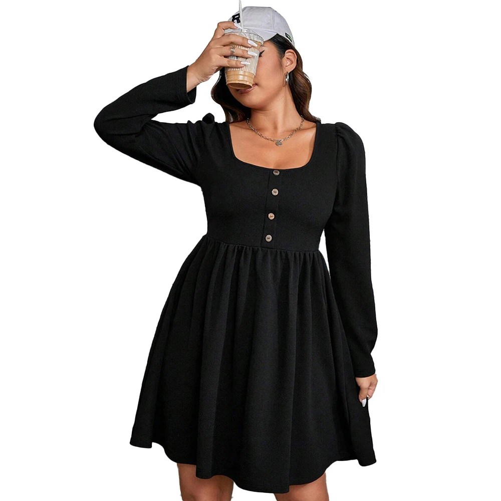 Vestido de talla grande hasta la rodilla para mujer, vestido negro liso de manga larga de gran tamaño para mujer, Otoño Invierno