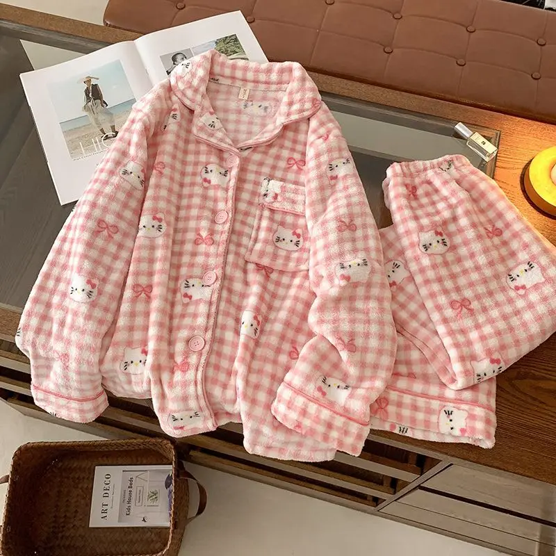 

2Pcs Plush Thicken Pajamas Set Cartoon Hello Kitty Sanrio Women Anime Coral Velvet Homewear Kawaii Winter Nightwear Girls Cute