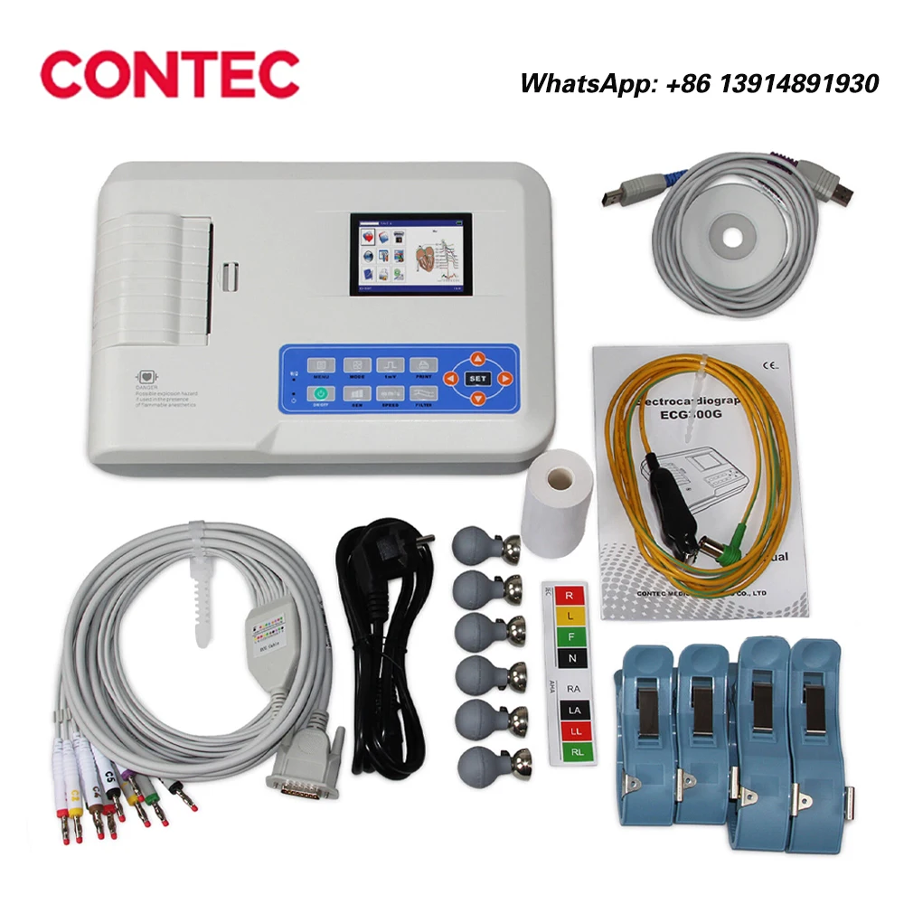 Электрокардиогранископ CONTEC ECG300G с сенсорным экраном, цифровой 3-канальный, 12 отведей, ЭКГ/ЭКГ, машина для использования в человека или в ветеринере