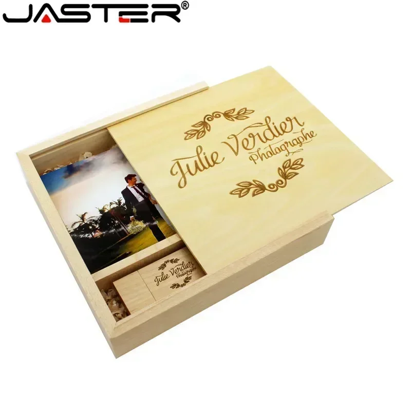 Álbum de fotos de arce y nogal de JASTER, Usb de madera + caja, Memory Stick, Pendrive de 128GB, 64GB, disco U, fotografía, regalo de boda, logotipo