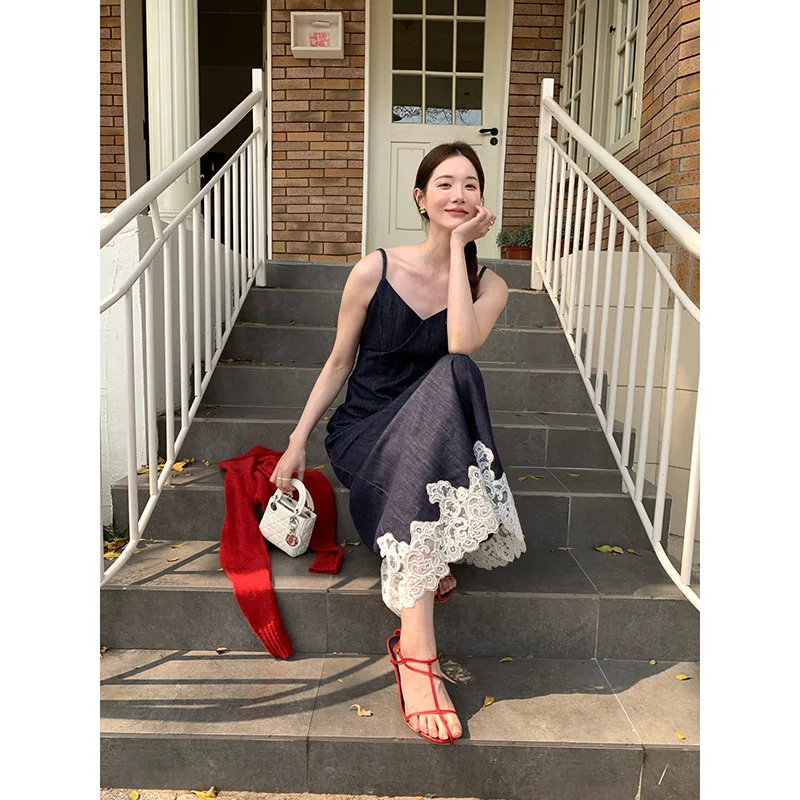 

Women Vintage French Halter Dress Lace Stitching Denim Dress Fashion Elegant Sexy Wedding Party Sling Long Dress Female