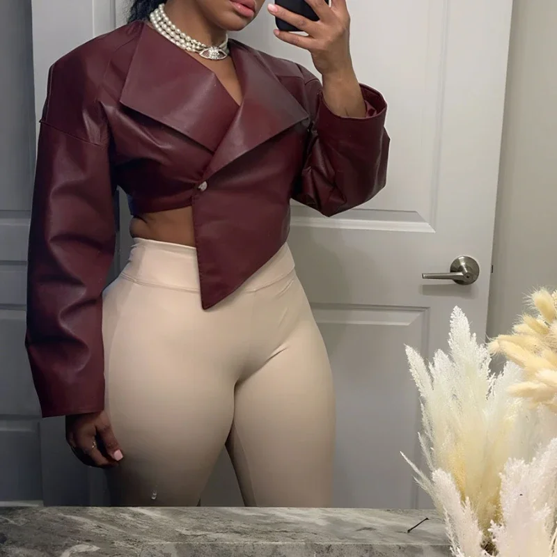 New Classic Hipster Crop Jacket Women Irregular Single Buckle Button Faux Leather Autumn Wild Sexy Basic Cross Neck Coat 2025