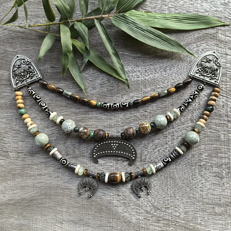 3 Rows Retro Green Layered Classic Slavic Heritage Culture Beads Jewelry Clothes,Bronze Pendant,Tribal Jewelry,Ethnic Jewelry