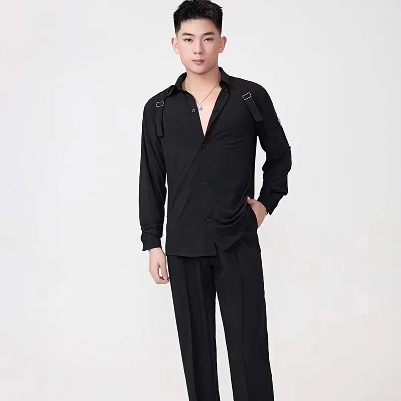 Latin Dance Tops For Men Shoulder Strap Buckle Long Sleeve Practice Shirt Chacha Rumba Tango Dress Latin Dance Costumes DQS14079