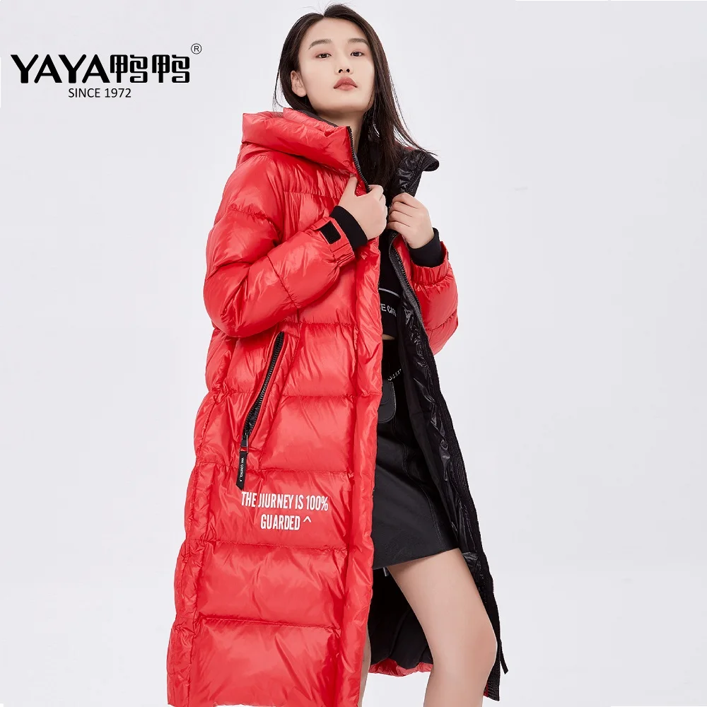 

YAYA 2021 Women Down Jacket hood Windbreak Waterproof Fabric Coating Layer Winter Long Overcoat Man and Ladies' Padded Parkas
