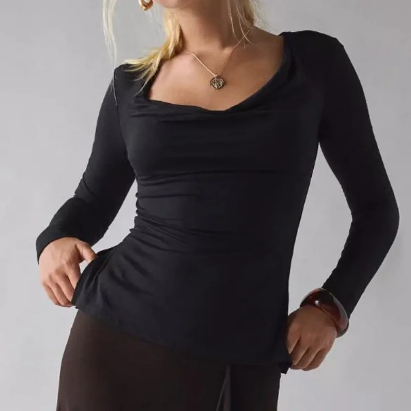 Womens 2026 Spring Summer Cowl Neck Tops Long Sleeve Solid Color/Striped Split Hem Blouse