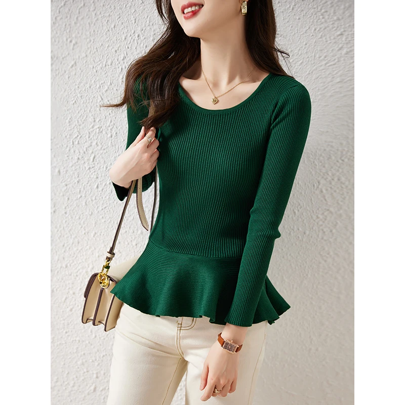 Spring Ruffles Pullover Sweater Women Long Sleeve Knitted Sweaters Peplum Tops Elegant Korean Slim Fit Pull Femme Jumper Female