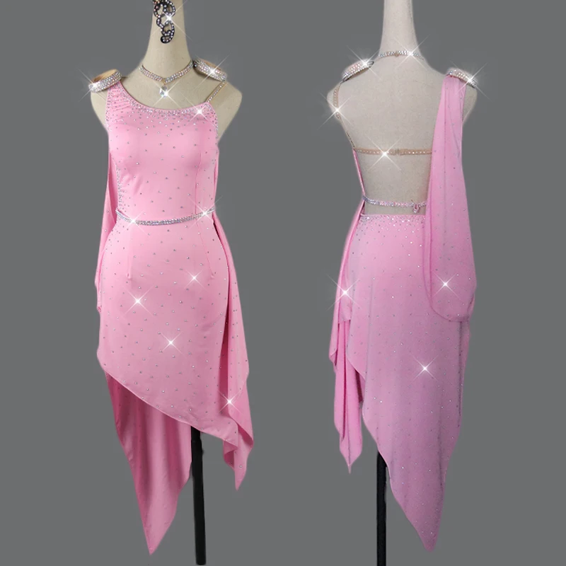 Vestido de baile latino elegante para mujer, vestido de baile rosa, diamantes de imitación brillantes, Flamenco, Rumba, Salsa, personalizado, niño