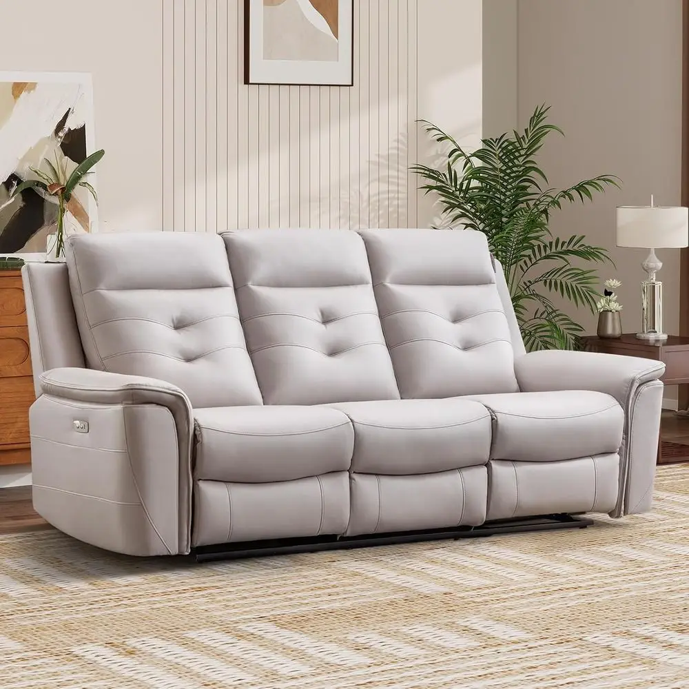 

Luxury Grey Leather Power Recliner with USB Port, Overstuffed Backrest and Armrest for Living Room