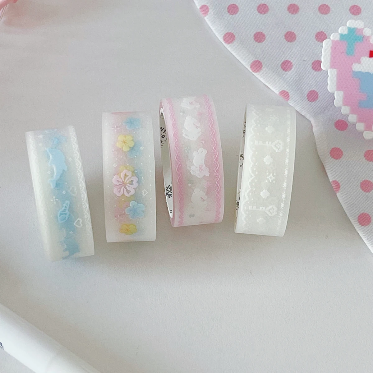 2m Glitter Sand PET Tape Kawaii Transparent Decorative Tape Floral Rabbit Music Note Lace Border for Journal Scrapbooking DIY