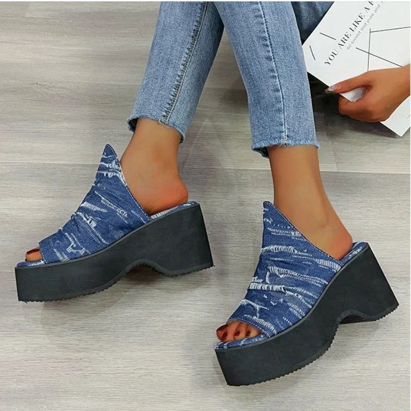 ผู้หญิงแฟชั่น DENIM Blue Wedges รองเท้าแตะฤดูร้อน Chunky Platform รองเท้าส้นสูงรองเท้าแตะผู้หญิงหนา Soled รองเท้าชายหาด PLUS ขนาด 43