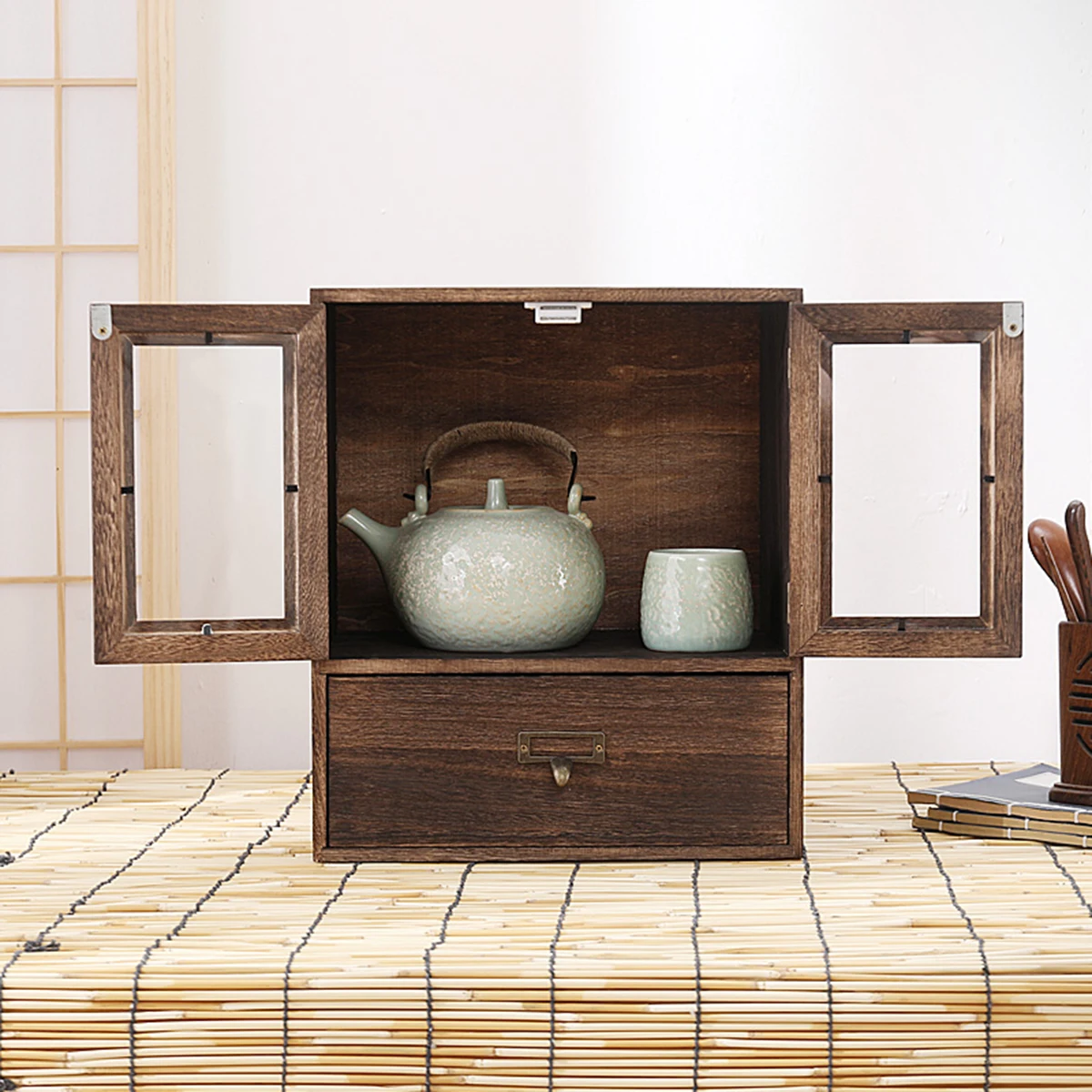 Burnt tung wood solid wood desktop cosmetic storage box shelf dust shelf teaware storage rack tea ware display cabinet