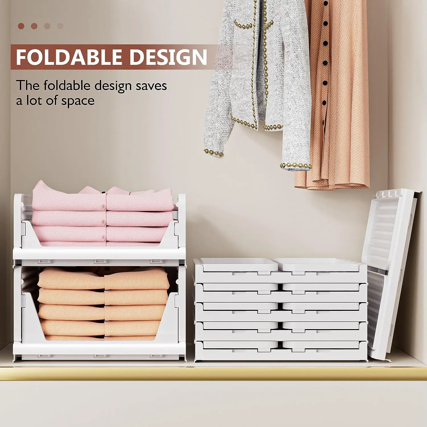 Stackable Folding Closet Organizers, Storage Box, White Color, Plastic Drawer Basket, Bedroom Accessories, Cheap Price