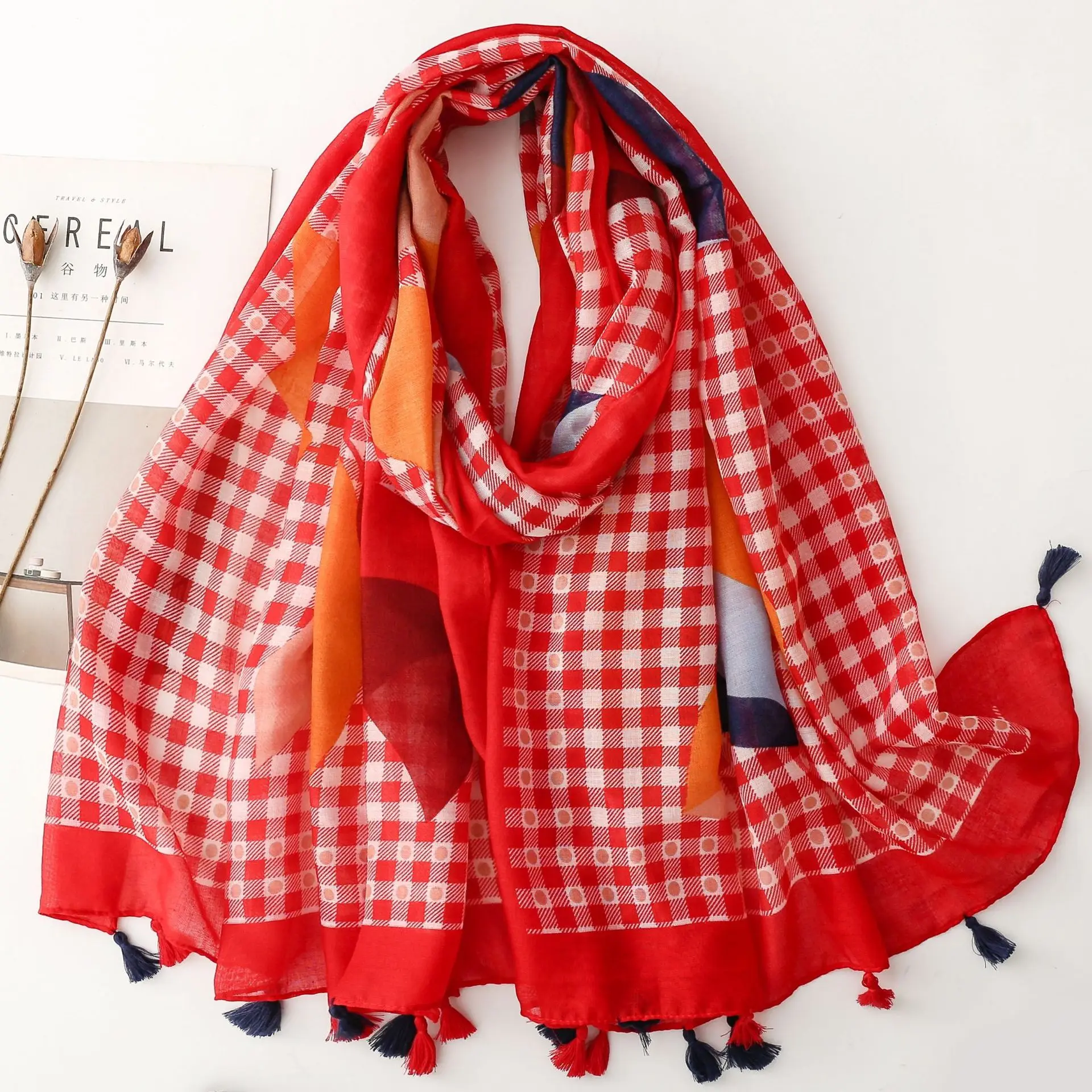

Red Plaid Luxury Women Viscose Scarf Shawl Print Cotton Linen Feeling Tassel Muslim Hijab Wrap Turban Pashmina