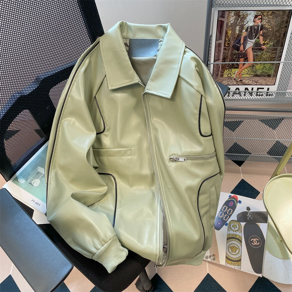 

Зеленое пальто из искусственной кожи High Street с отложным воротником, свободная женская куртка, топы, осенняя новая повседневная верхняя одежда с длинными рукавами