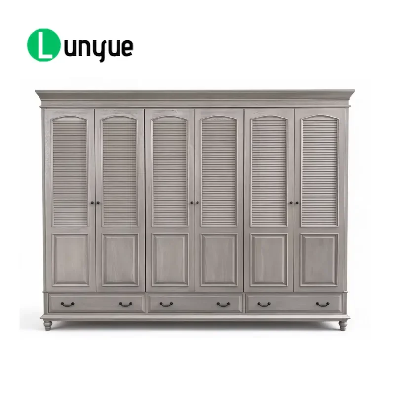 Vintage French Country Solid Wood 6 Door Wardrobe with Blinds Grey Wash Finish 3 Drawers Bedroom Storage Furniture