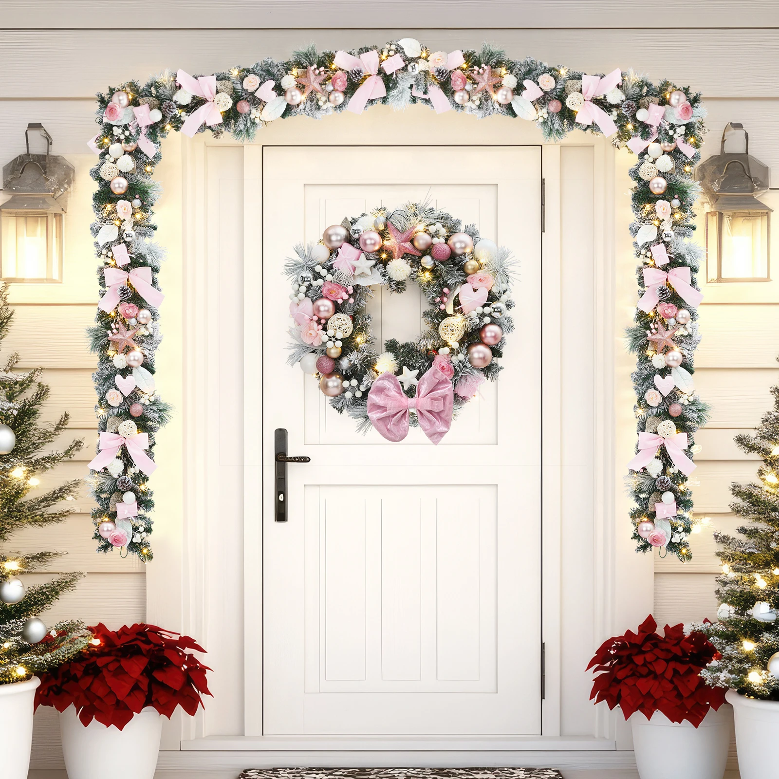 6ft Pre-Lit Pink Christmas Garland, Battery-Operated LED Lights - Pine Cones, Roses, Bows & Ball Ornaments - For Mantel, Staircase & Fireplace, Indoor/Outdoor Decor