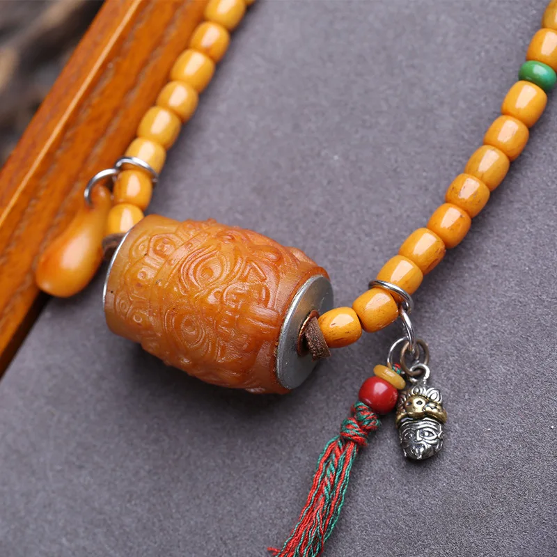 Yak Bucket Bead Clavicle Chain With Copper Inlay Bone Carving Zaki Ram Pendant Depicting Past And Present Lives