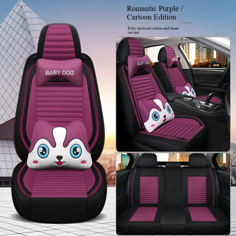 Cute Cartoon Car Seat Covers Full Set 5 Seats Front Rear Purple Animal Design Universal for Sedan SUV Breathable Protector