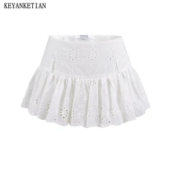 KEYANKETIAN 2024 New Women's Hollow out Embroidery White Mini Skirt Hot sweet Y2K Side Zipper Low waist A Line Lace Pantskirt