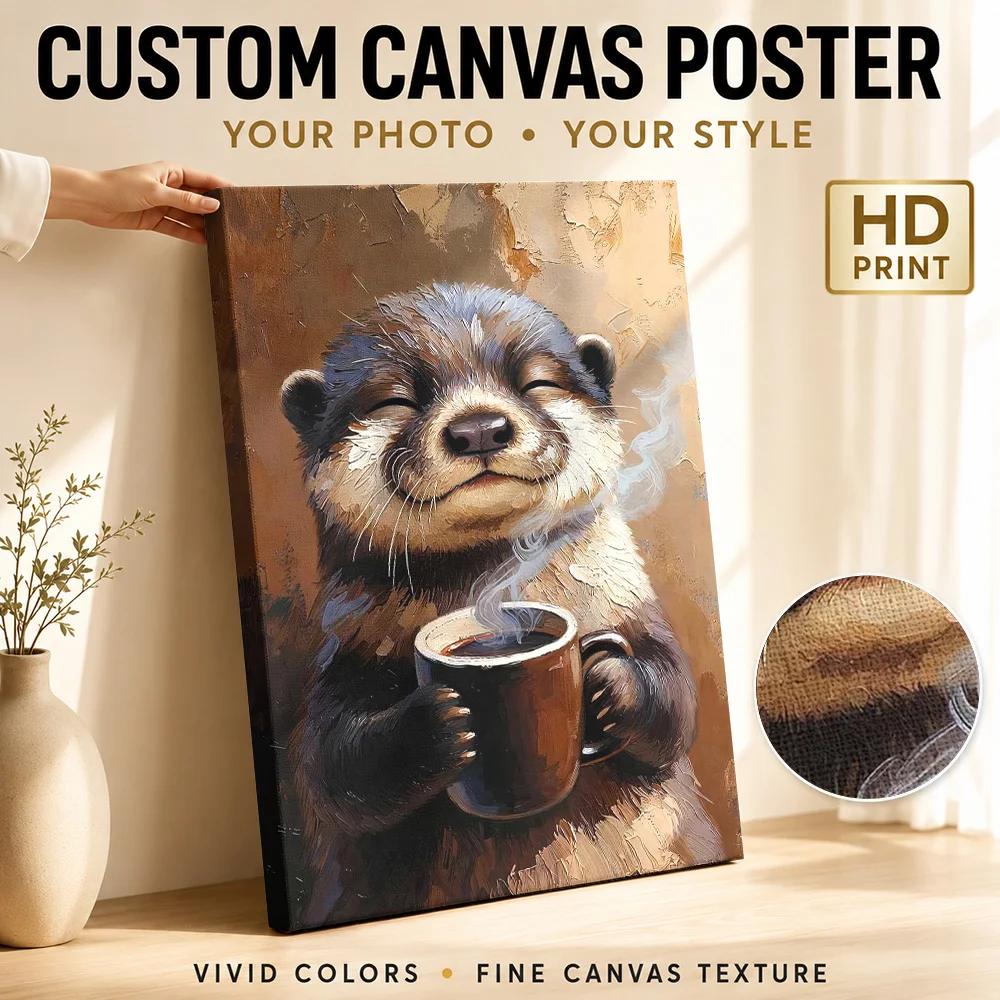 Otter Enjoying Coffee Framed Canvas Poster Customized Photo Detailed Painterly Composition Wall Art For Kitchen Breakfast Bar