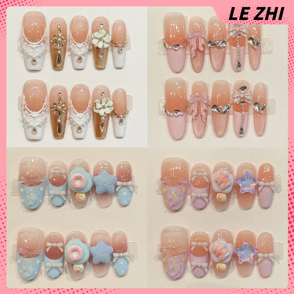

Sweet Cute Cat Eyes Handmade Long Stiletto Ellipse Full Cover Nail Bowknot Rhinestone Pearl Flower Reusable French Press On Nail