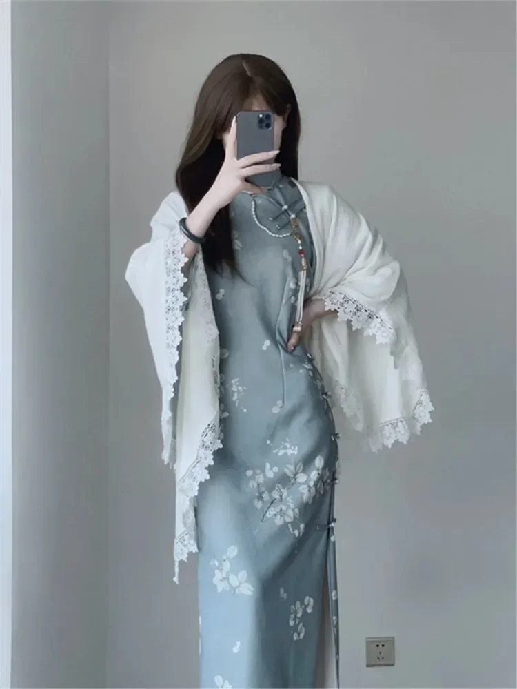 

Spring Elegance Young Girls Qipao Asian Dress Women Slim Chinese Style Dress Vintage Fashion Modern Light Green Cheongsam 2024