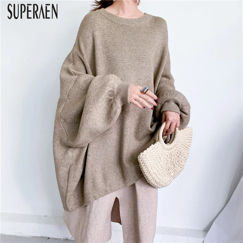 

SuperAen Fashion Pullovers Sweater Women Autumn and Winter Bat Sleeve 2024 New Oversized Ladies Solid Color Pullover