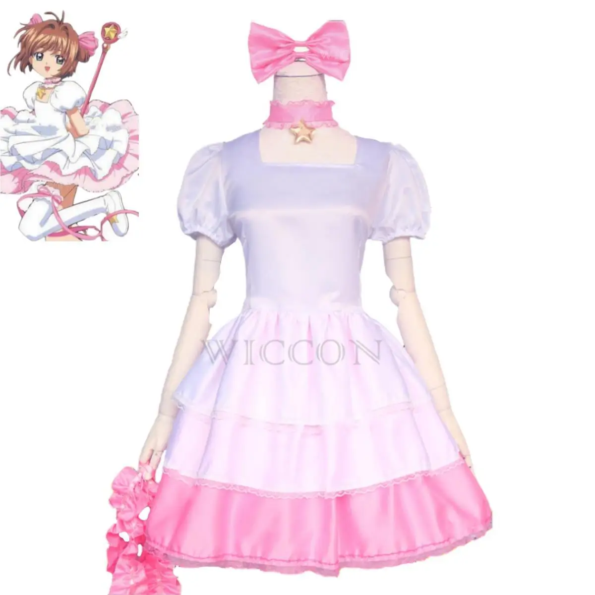 Anime Cardcaptor Sakura Card Captor Kinomoto Sakura Cosplay Costume Wig Pink White Dress Lolita Woman Kawaii Birthday Party Suit