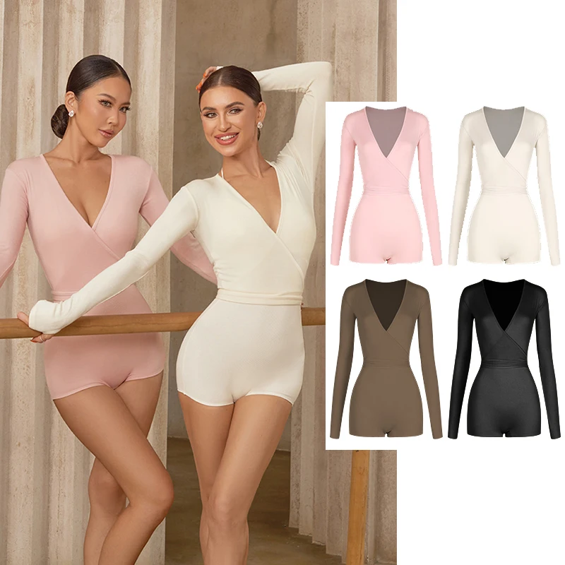 ZYM-ropa de baile latino para mujer adulta, Body con cuello en V, ropa de práctica de manga larga, Tops profesionales de baile latino, invierno DNV24653