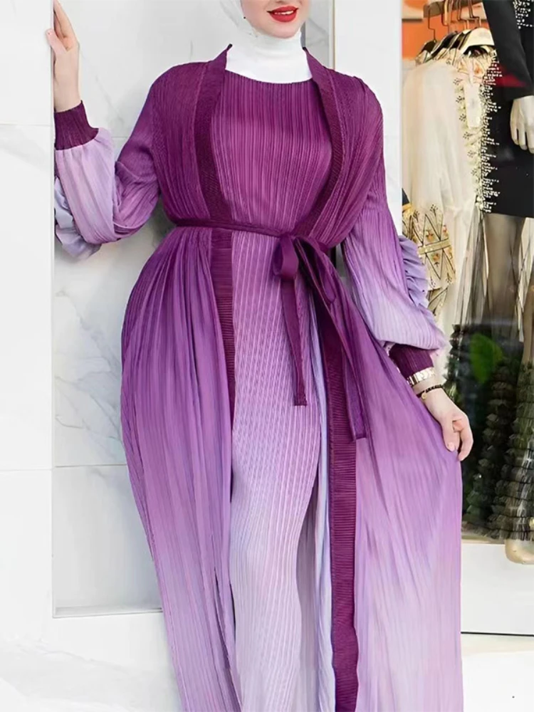 ANLAN 2024 New Gradient Pleated 2 Piece Set Petal Sleeve with Belt Long Coat + Sleeveless Dresses Elegant Women's Clothing 2A986