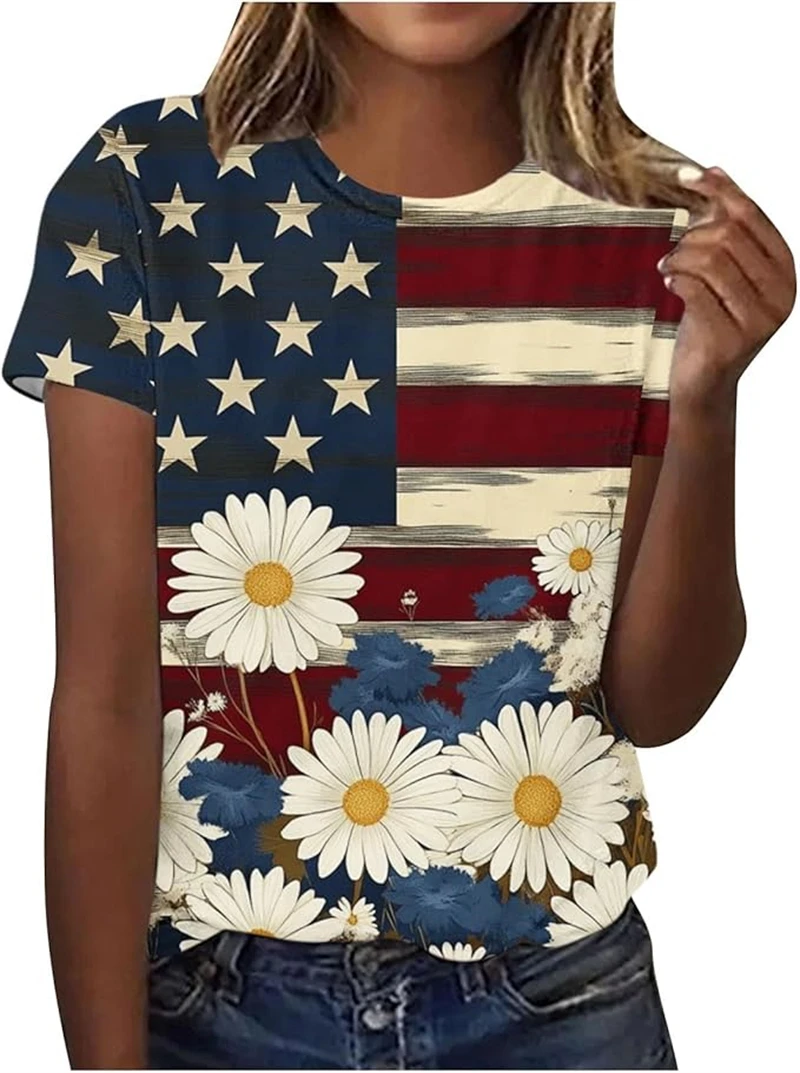 Camiseta Feminina 3D Estampada 250º Aniversário Americano - Blusa Estampada 250º Aniversário dos Estados Unidos - Camisetas Curtas de Verão