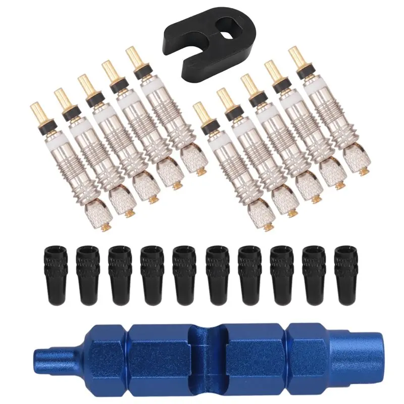 AEE6-10Pcs Valve Core For Presta,Valve Core Bike Bicycle Replacement With 2 Valve Core Remover Tools&10 Valve Stem Core Caps
