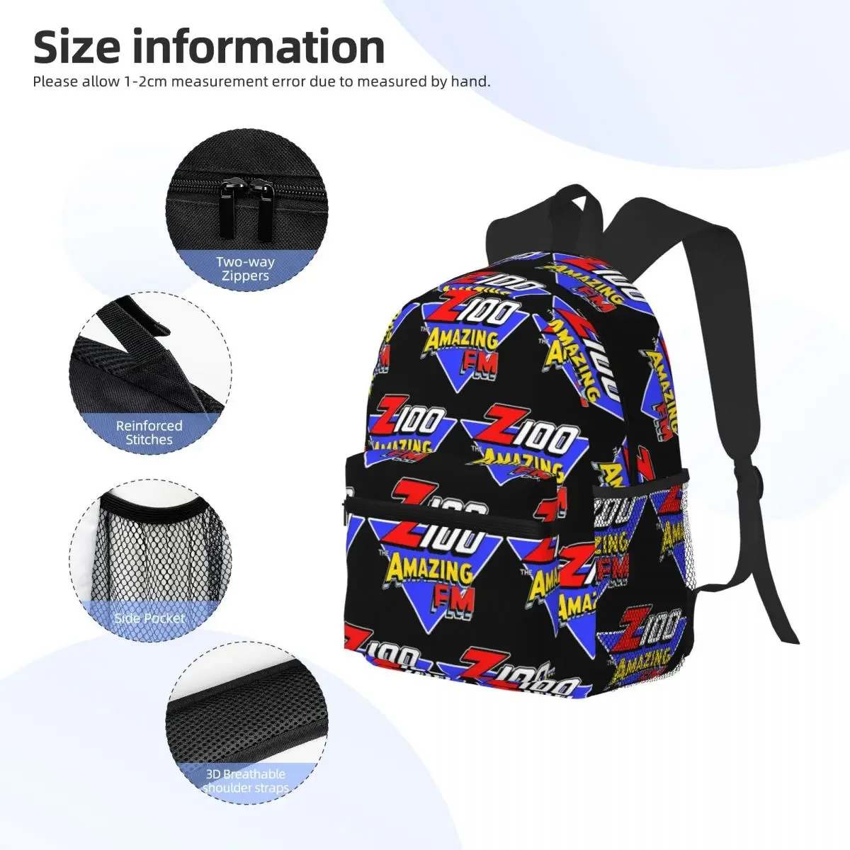 Z100 المذهلة FM مدينة نيويورك 80S على ظهره Daypack سعة كبيرة الأطفال BookBag حقيبة مدرسية حقائب كتف للرجال والنساء #4