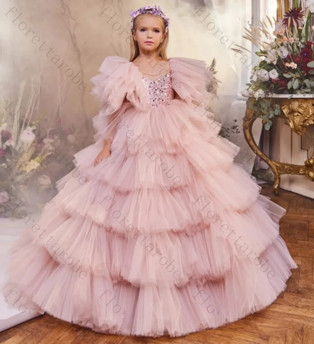 Customized Dusty Pink Kids Pageant Gown Spaghetti Strap Rhinestone Bodice Large Ruffle Shoulder Multi Tier Layer for Wedding