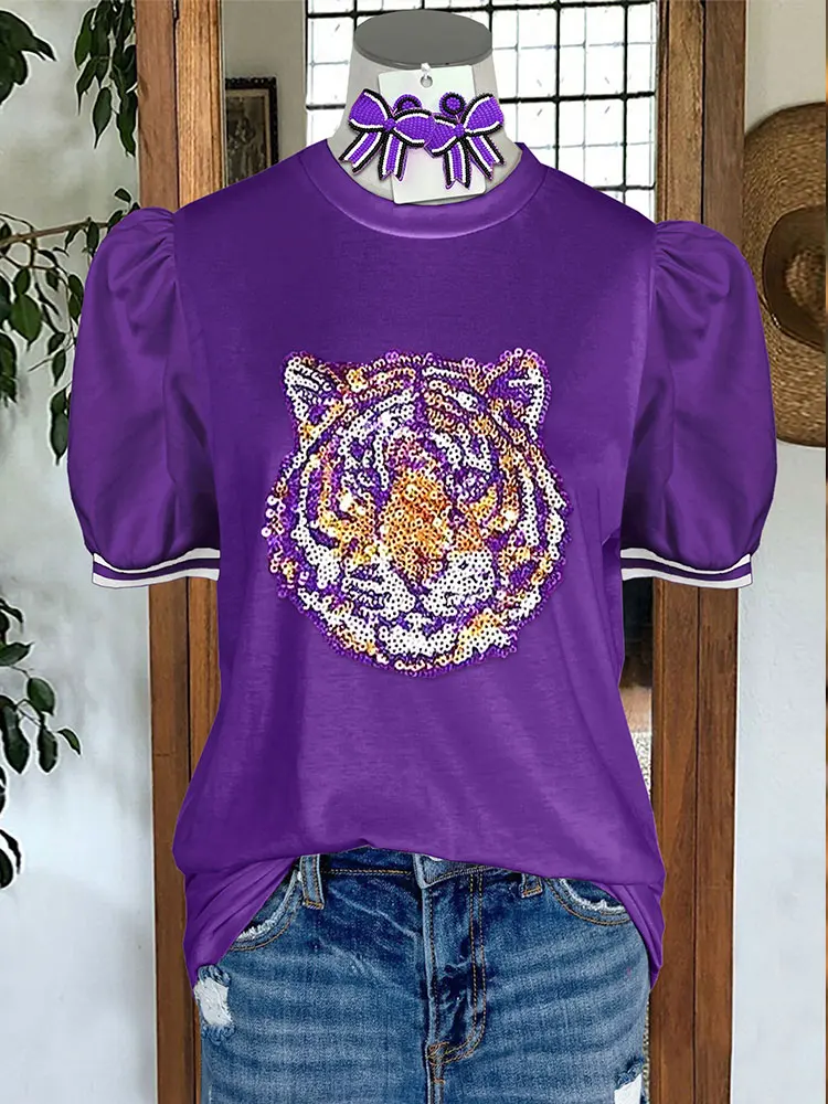 Casual Tijger Pailletten Pofmouw Top Gameday Gestreepte Blouse