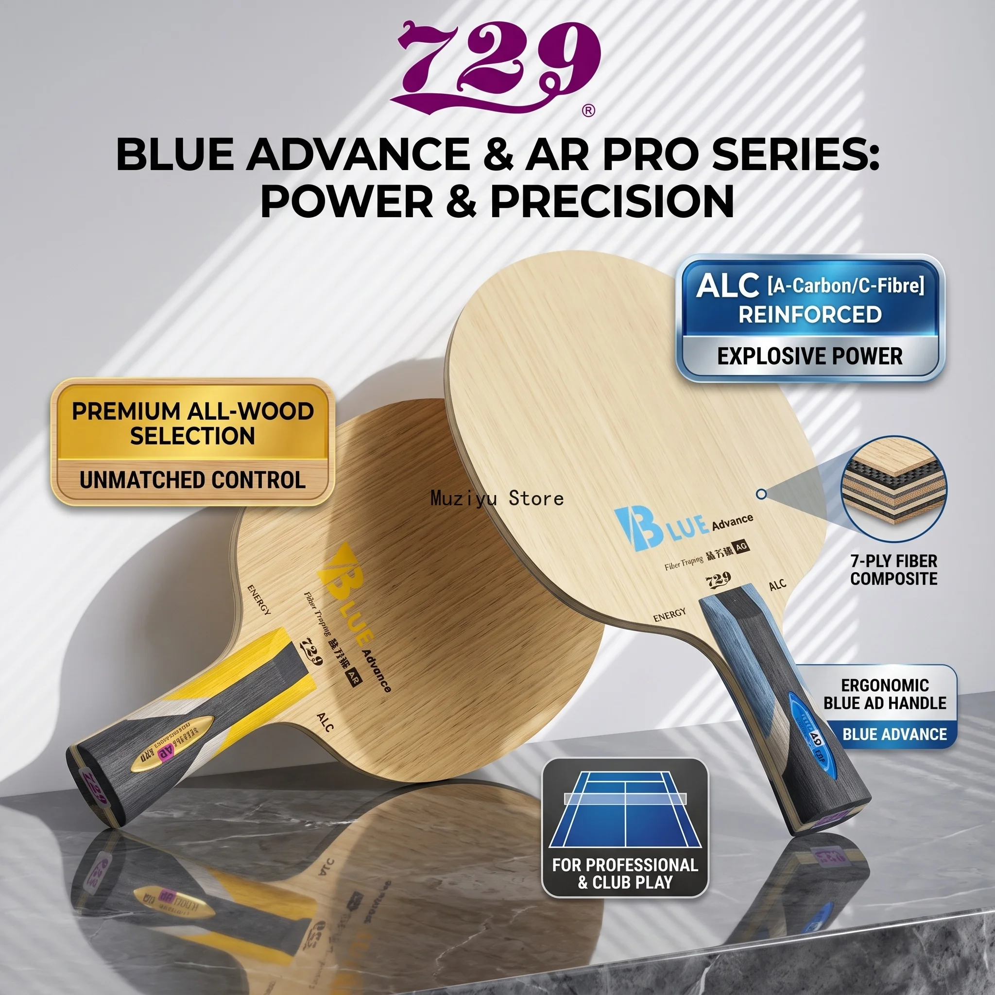Friendship 729 New Blue Advance Carbon Blade 7-Ply (5+2) Offensive Table Tennis Racket | Handmade Custom Glued Rubber Combo