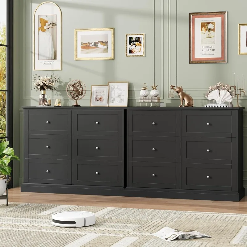 FOTOSOK Black Dresser,6Drawer Dresser Black,Modern Double Chest with Deep Drawers,Wide Storage Organizer Cabinet for Living Room