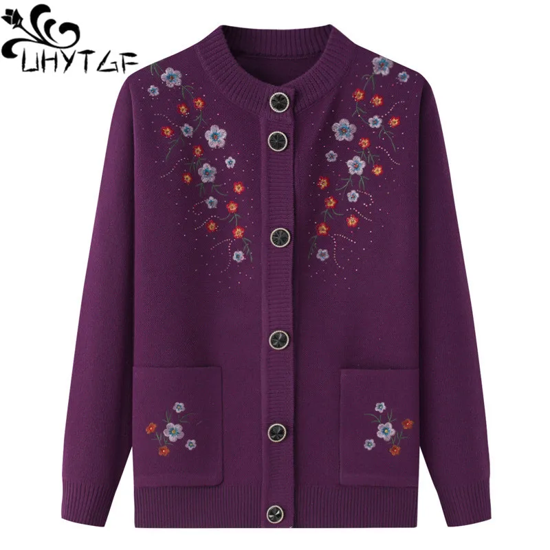 

UHYTGF Knitted Cardigan Spring Autumn Sweater Coat Women Fashion Embroidery Elderly Grandma Knitwears Female Sweater Jackets 187