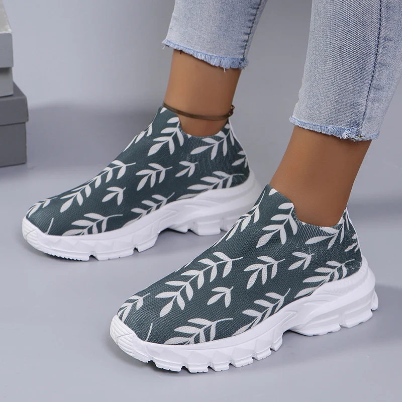 Knitted Breathable Running Shoes for Women 2024 New Green Leaf Printed Platform Sneakers Woman Thick Sole Non Slip Sports Shoes