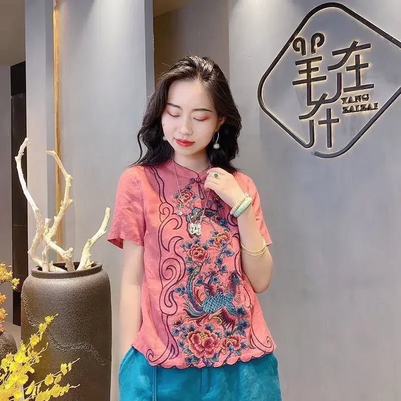 Новая блузка из хлопка и льна в национальном стиле, женская летняя рубашка в китайском стиле с короткими рукавами и пуговицами с цветочной вышивкой