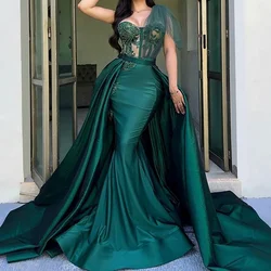 Elegant Emerald Green One Shoulder Evening Dress With Train Female Formal Party Prom Gown Vestidos De Fiesta