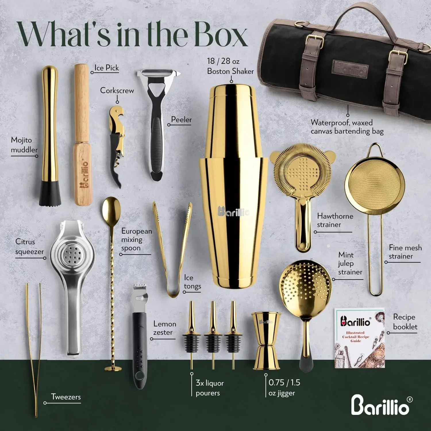 Bartender Kit Bag with Gold Cocktail Shaker Set - Waxed Canvas, Traveling Bar Tools Bag with 17-Pc Cocktail Kit - Travel Mixolog