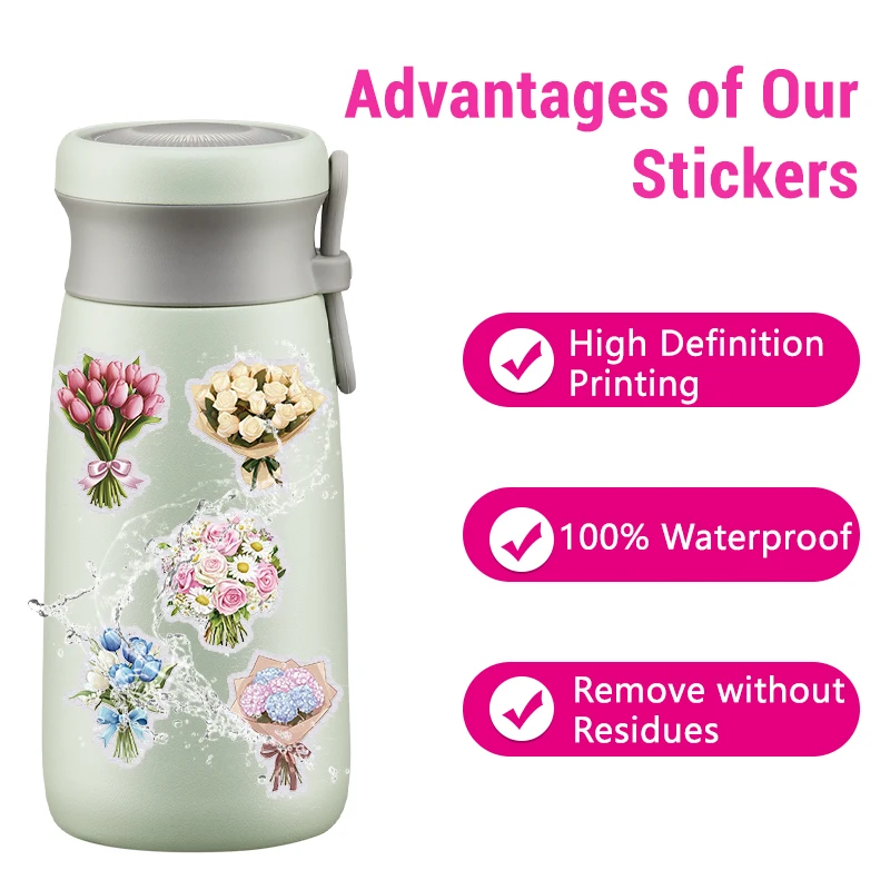 50 Stück Vintage-Blumenaufkleber, klare, wasserfeste Blumenstrauß-Aufkleber, ästhetische botanische Vinyl-Blumen für Tagebuch, Scrapbooking