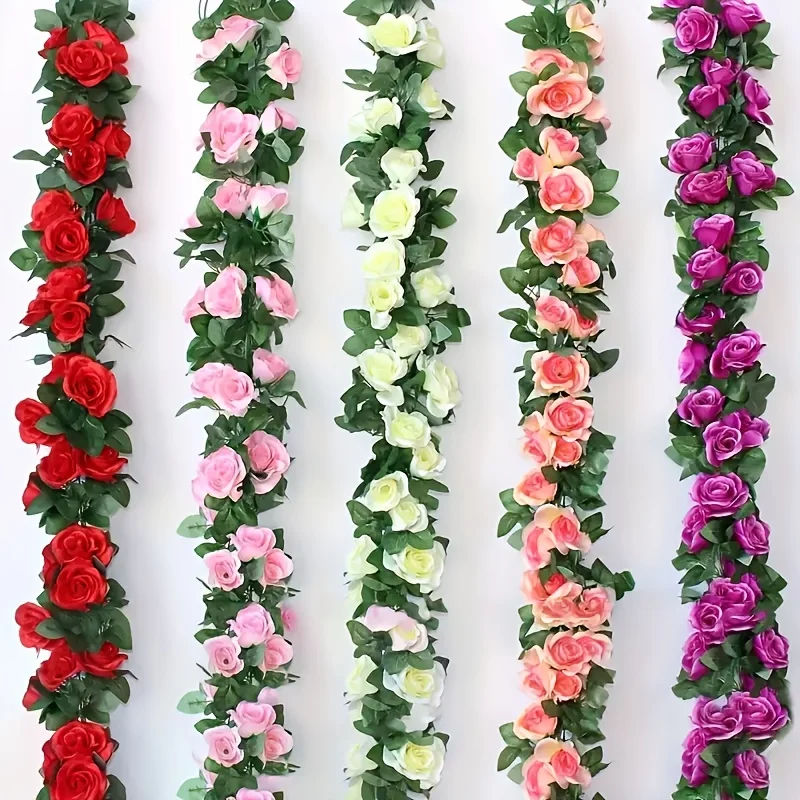 Vino de rosas artificiales de 7,87 pies con 9 flores exuberantes y guirnaldas de hiedra colgantes multicolores, adecuadas para jardines y hogares al aire libre